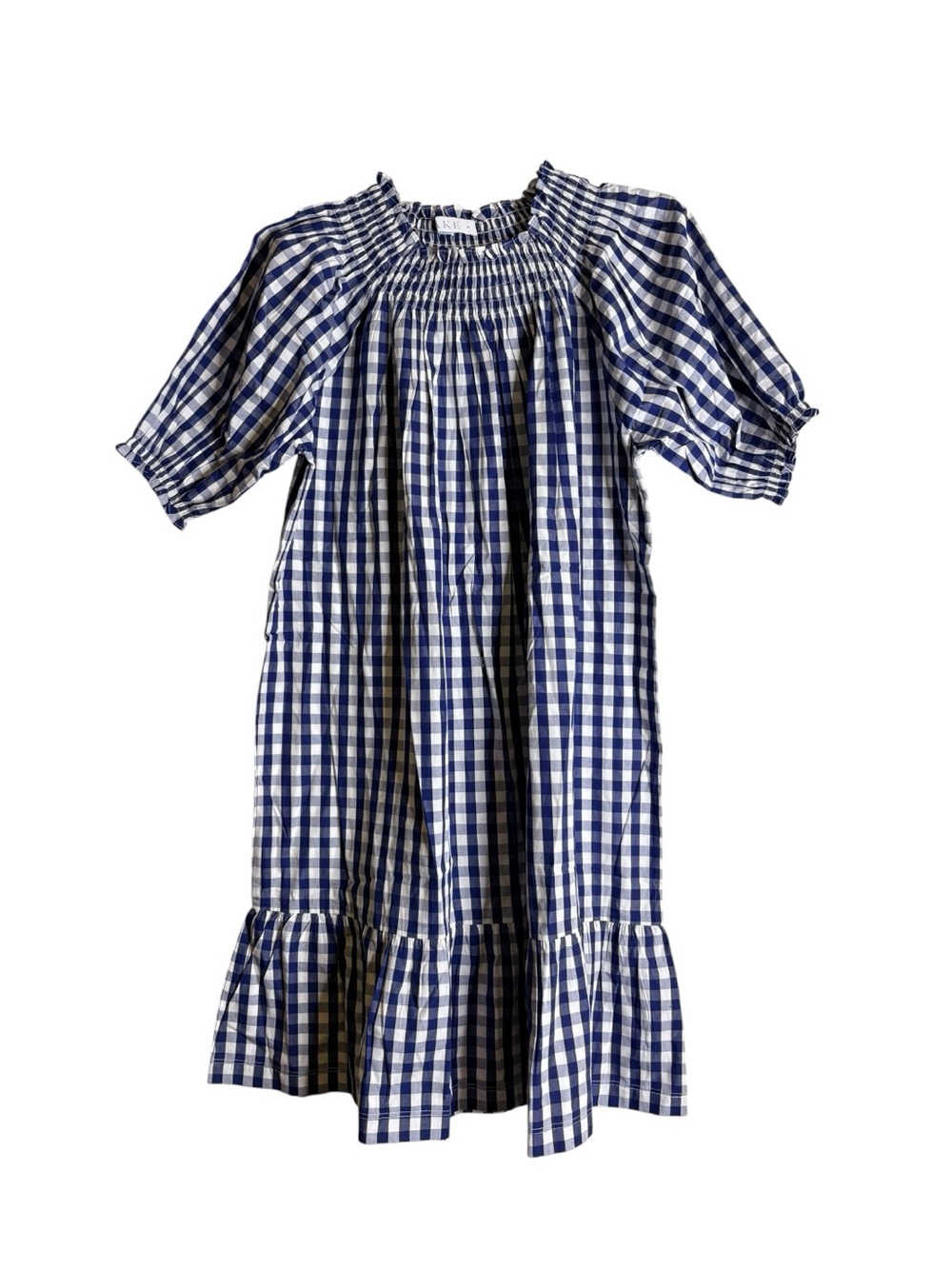 Gingham Puff Sleeve Dress Medium Blue White LAKE